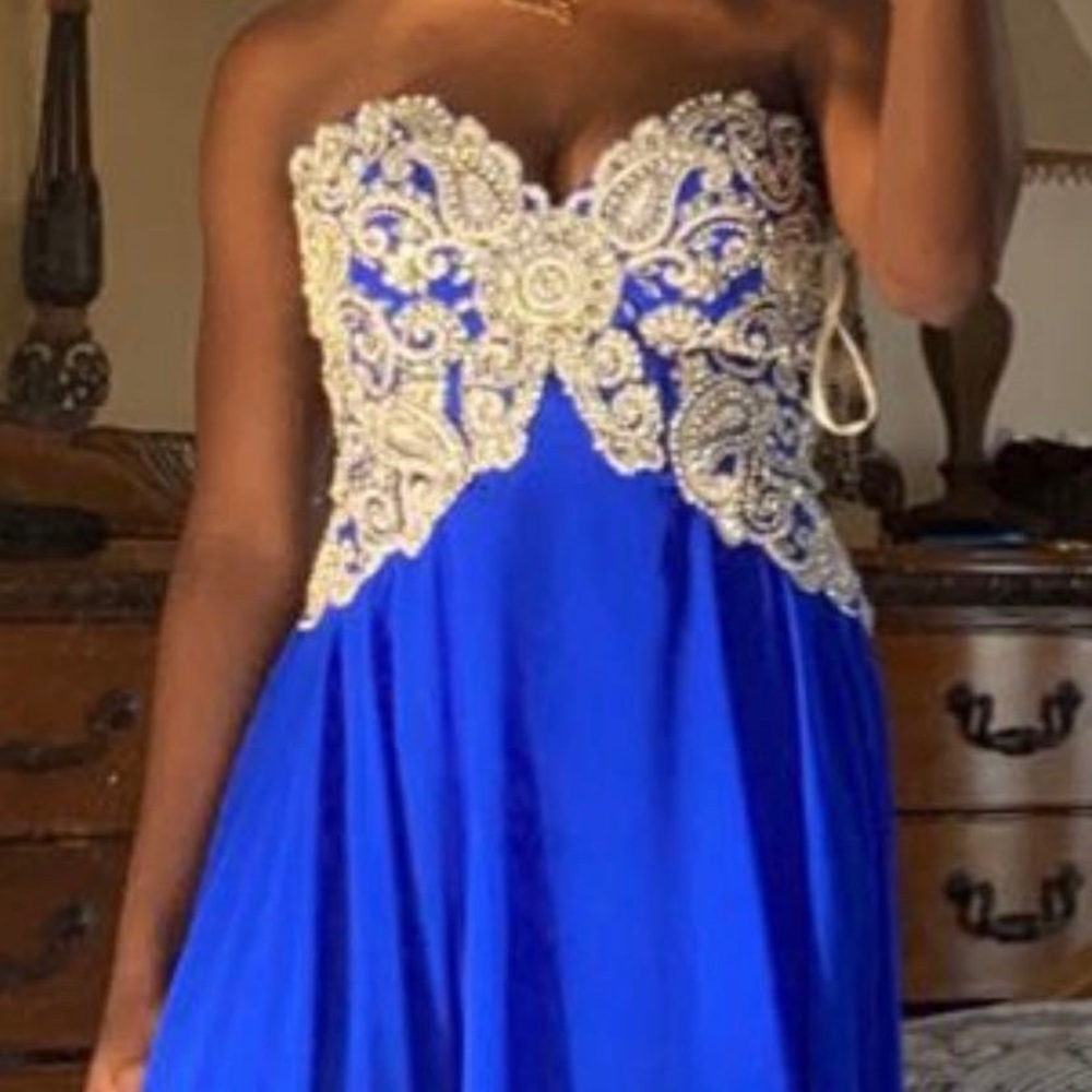 Blue And Gold Strapless Prom Dress